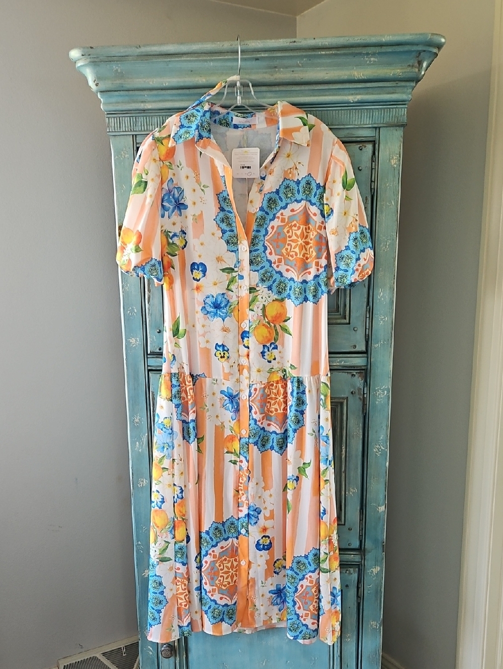 Floral Stripe Maxi Shirt Dress - Peach & Blue